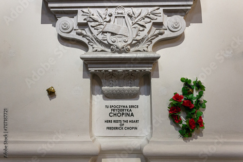 Warsaw, Poland. Funerary monument on a pillar in Holy Cross Church, enclosing Frederic Chopin's heart