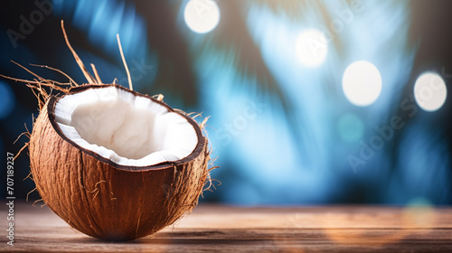 fresh coconut on a wooden table, on a blurred background of a sea of palm trees