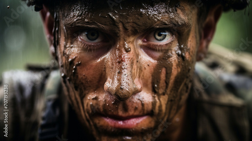 close up of man's dirty face in mud.