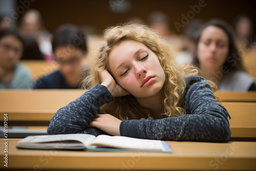 Overworked tired young female student falling asleep in university or college