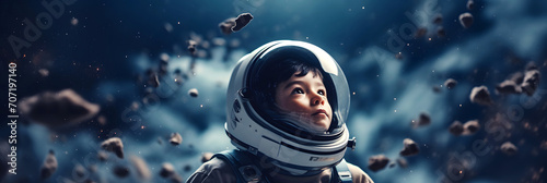 Little boy in spacesuit and astronaut costume in space watches meteorites and stars. Children dreams concept.