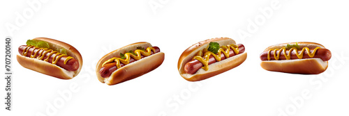 Set of delicious Hot dog with mustard, isolated over on transparent white background