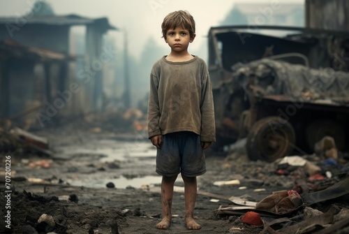 Curious Little boy standing in poor neighborhood. Sad child living in poverty on messy district. Generate ai