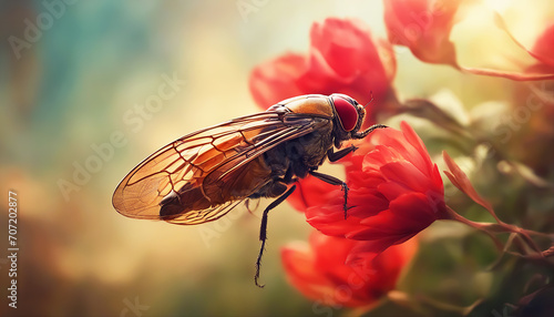 Cicada on a flower. A large cicada sits on a red flower. Evening time. Selective focus. AI generated