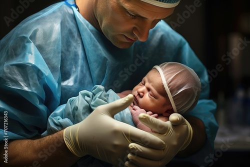 Surgeon cradling a newborn in the operating room.