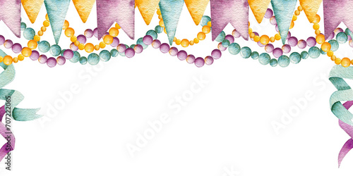 Watercolor card, invitation. Hand drawn colorful beads, garland of flags, purple and green ribbons isolated on transparent background. Masquerades, holidays, Mardi Gras. Sample.