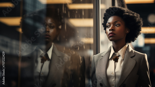 African-American Businesswoman glass reflection in office. Racial discrimination at work. Symbolizes both a literal and metaphorical barrier, highlighting the challenges she faces within the workplace