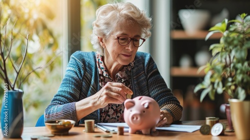 Elderly woman putting money into piggy bank, savings concept.