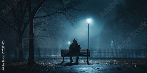  A lonely man sits on a bench at night surrounded by streetlights and fog, depression