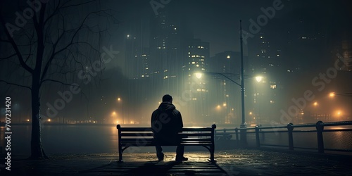  A lonely man sits on a bench at night surrounded by streetlights and fog, depression