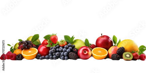 A heaped mountain with fresh fruit of many different varieties, white background, banner