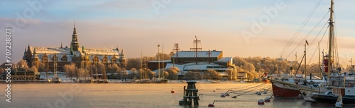 Panorama of The Nordic Museum, Wasa Museum and parts of Gröna Lund on a very cold and sunny winter morning, Stockholm. Sweden