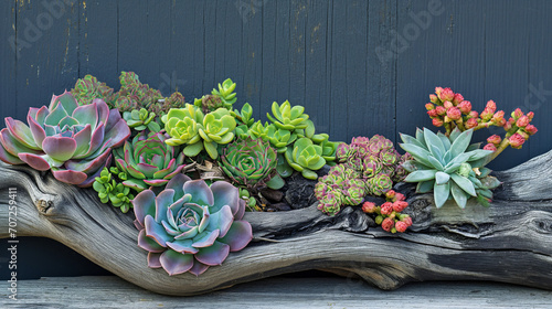 Succulents arrangements in a driftwood planter, concept of terrarium design, graceful table decoration.