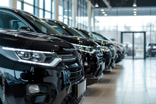 Premium black SUVs in modern dealership showroom with huge windows