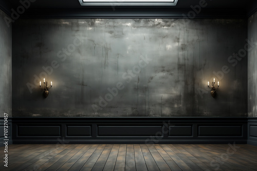 Dark minimalist living room at night with glimmers of interior lighting.