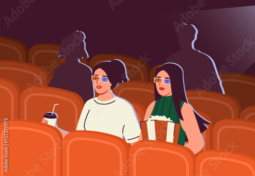 People in cinema concept. Women with soda and pop corn watch movie. Cultural leisure and lifestyle. Young girls in red and blue 3d glasses. Cartoon isometric vector illustration