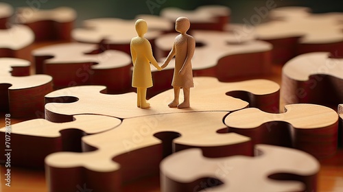 a complete wooden heart-shaped jigsaw puzzle on a wood board background, two separate pieces, symbolizing two persons in a relationship, the essence of love and connection.