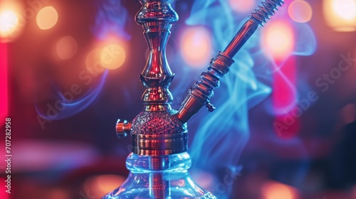 A picture of a hookah pipe with smoke rising from it, placed on top of a glass vase. This image can be used to illustrate the concept of relaxation, socializing, or cultural traditions