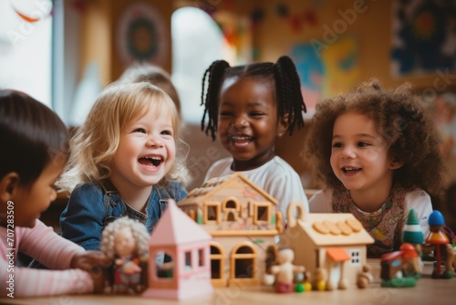 Group of happy toddlers playing in kindergarten