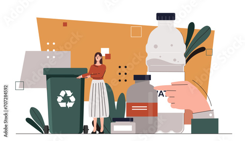 People care about planet concept. Woman near trashcan with plastic bottles. Eco frinedly activists and volunteers. Reducing release of harmful waste into atmosphere. Cartoon flat vector illustration