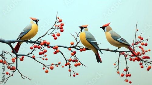 A flock of cedar waxwings feasting on frozen berries, their sleek silhouettes adorned with delicate touches of crimson and yellow.