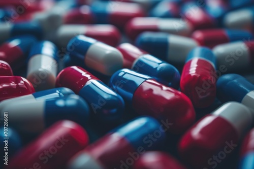 A collection of red, white, and blue pills. Versatile image suitable for medical, pharmaceutical, or healthcare-related content