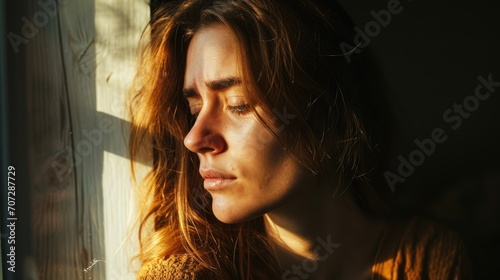 sad and depressed woman looking out of window