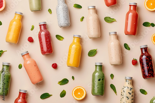 Healthy smoothies in glass bottles on beige background, diet goals, fruit and vegetable juices, fresh food concept