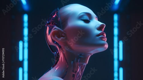 Portrait of a beautiful futuristic cyborg woman, neon lights.