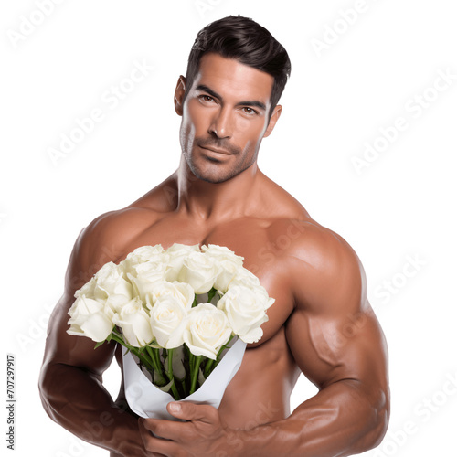 Handsome romantic young latino man with muscular upper body holding a bouquet of flowers for Valentine's Day. Isolated on transparent background, no background, cutout.