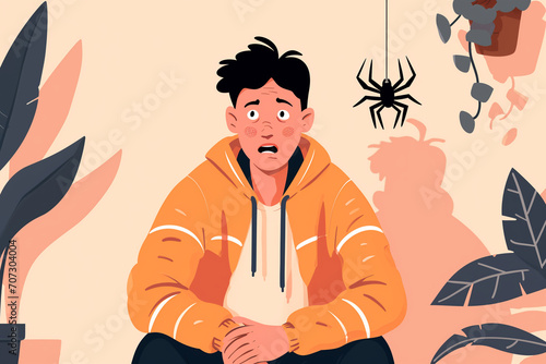 Uma pessoa com medo de aranha - Ilustração infantil colorida 2d