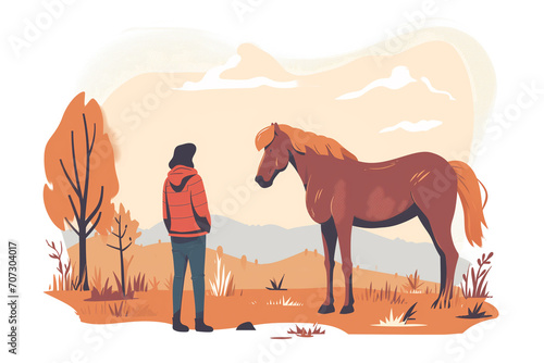 Uma pessoa olhando para um cavalo no campo - Ilustração infantil 
