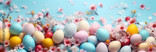 Easter background with Easter eggs and spring flowers.