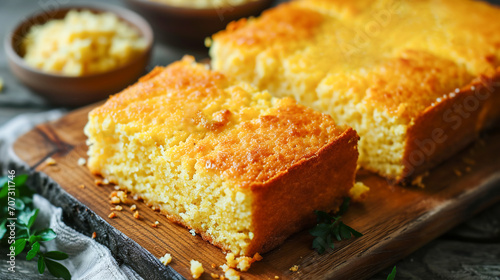 Freshly baked fluffy buttery cornbread with golden crust on a wooden cutting board. Traditional Southern states cuisine