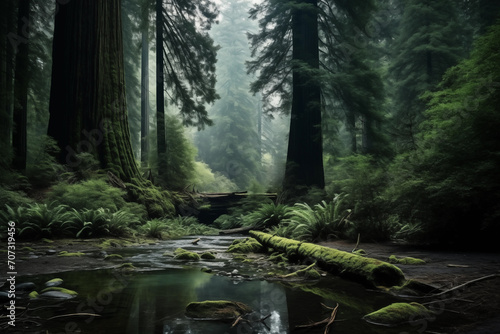 Stream in the thicket of a forest with centuries-old coniferous trees. Peaceful landscape
