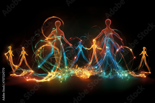 Abstract multi-colored luminescent silhouettes of dancers on a black background. Fractal of human body with fire flames