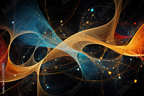 Abstract orange and blue neural patterns synthesizing complexity. Waves of ether in cyberspace