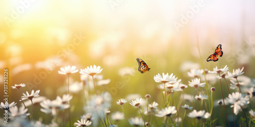 Butterflies flutter above a field of white daisies bathed in soft sunlight. The scene captures the essence of a peaceful spring day.