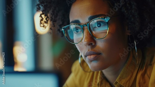 woman with glasses looking at computer screen 