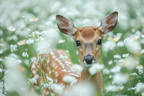 a deer in a field of white flowers selective focus