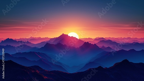 The silhouette of a mountain range against a vibrant sky as the sun rises, creating a dramatic and majestic dawn scene. [Mountain dawn silhouette]