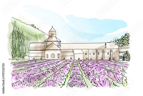 Senanque Abbey and blooming rows of lavender flowers. Gordes, Luberon, Vaucluse, Provence, France, Europe, vector illustration
