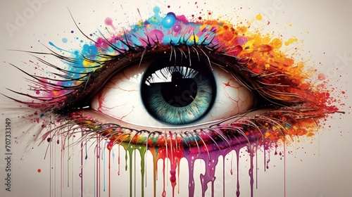 Close up on a colorful paint splatters eye. Generative AI