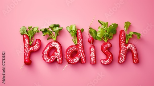 the word "radish" spelled out in red and white radish textured letters with small radishes and green leaves, on a pink background, suggestive of an inventive grocery or restaurant branding.