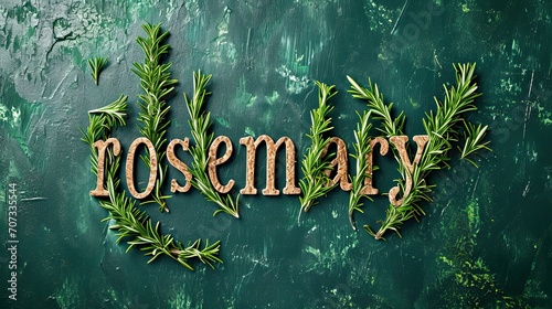 The word "rosemary" is spelled out using stems of fresh rosemary on a dark green textured background.