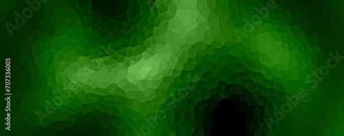 Elegant dark abstract geometric background. Irregular shapes with crystallized gradient texture in green on black. Colorful, polygonal mosaic fragments like broken glass.