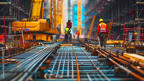 Uma cena dinâmica de construção de ponte de aço com guindastes e trabalhadores montando seções mostrando a expertise em engenharia no desenvolvimento de infraestrutura