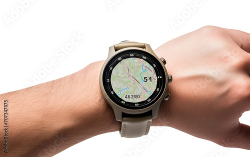 Hand with Urban Explorer GPS Tracker Watch. GPS Tracker Watch isolated on transparent background.