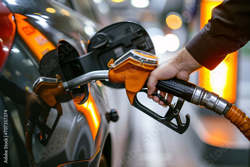 Person putting gasoline in his vehicle, car fuel generated with generative AI technology.