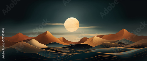 Full moon over the mountains, background, glowing light, clouds, golden lines waves, sea, elegant drawing, orange, blue, beige, yellow, soft, imaginary japanese etching, fantasy, night landscape